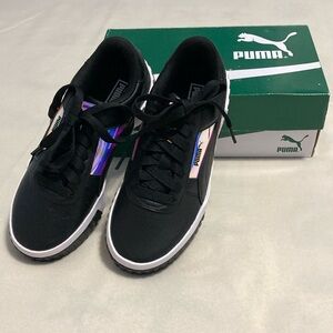 New in Box Puma Cali Glow Sneakers Shoes Lace Up Black W/Silver Accents Size 7
